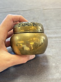 A Chinese mandarin duck-form water dropper, a hand warmer and a bronze censer, Zhen Wan 珍玩 and Zhang Mingqi Zhi 張鳴歧製 mark, 19th C.