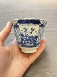 Eight Chinese blue and white cups and saucers, Kangxi mark, 19th C.