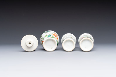 A Chinese Canton famille verte three-piece tea service and three vases, 19th C.
