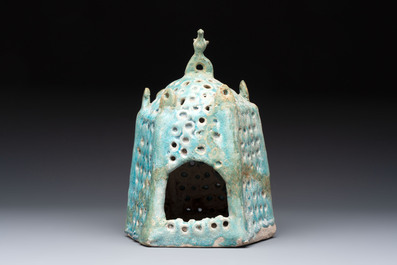A Nishapur turquoise-glazed bowl, an inkwell and an incense burner or lantern, Iran, 10/12th C.