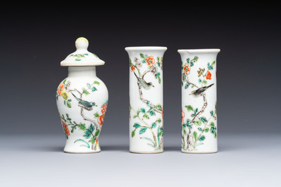 A Chinese Canton famille verte three-piece tea service and three vases, 19th C.