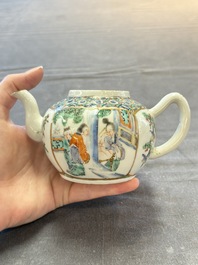 A Chinese Canton famille verte three-piece tea service and three vases, 19th C.