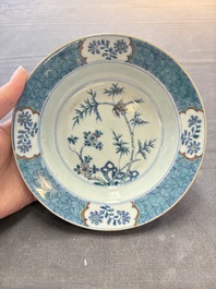 Four Chinese doucai plates with birds among bamboo and floral design, 18th C.