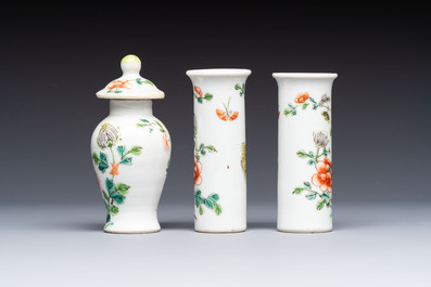 A Chinese Canton famille verte three-piece tea service and three vases, 19th C.