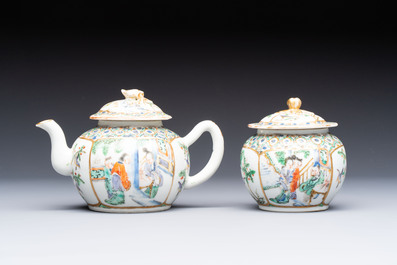 A Chinese Canton famille verte three-piece tea service and three vases, 19th C.
