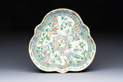 A Chinese Canton famille verte three-piece tea service and three vases, 19th C.
