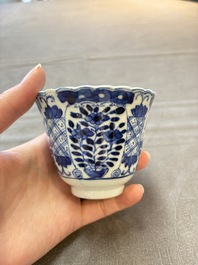 Eight Chinese blue and white cups and saucers, Kangxi mark, 19th C.