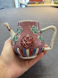A Chinese famille rose frogspawn-ground relief-molded teapot and cover, Yongzheng