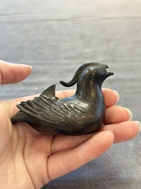 A Chinese mandarin duck-form water dropper, a hand warmer and a bronze censer, Zhen Wan 珍玩 and Zhang Mingqi Zhi 張鳴歧製 mark, 19th C.
