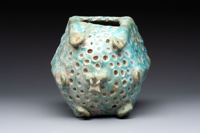 A Nishapur turquoise-glazed bowl, an inkwell and an incense burner or lantern, Iran, 10/12th C.