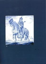 A rare and large blue and white Dutch Delft 'sovereign on horseback' tile, first half 17th C.