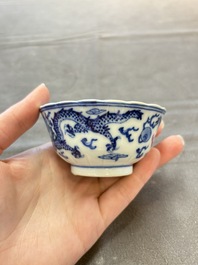 Ten Chinese blue and white cups and nine saucers, Kangxi mark, 19th C.