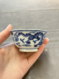 Ten Chinese blue and white cups and nine saucers, Kangxi mark, 19th C.