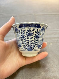 Eight Chinese blue and white cups and saucers, Kangxi mark, 19th C.