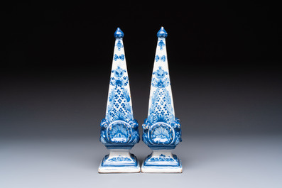 A pair of blue and white Delftware obelisks, probably France, 18th C.
