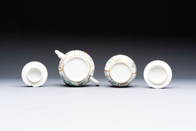 A Chinese Canton famille verte three-piece tea service and three vases, 19th C.