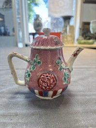 A Chinese famille rose frogspawn-ground relief-molded teapot and cover, Yongzheng