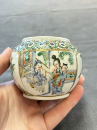 A Chinese Canton famille verte three-piece tea service and three vases, 19th C.