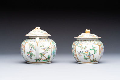 A Chinese Canton famille verte three-piece tea service and three vases, 19th C.