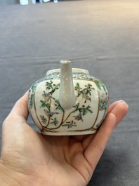 A Chinese Canton famille verte three-piece tea service and three vases, 19th C.