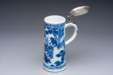 A fine Chinese blue and white tankard with Dutch silver cover, Transitional period