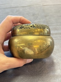A Chinese mandarin duck-form water dropper, a hand warmer and a bronze censer, Zhen Wan 珍玩 and Zhang Mingqi Zhi 張鳴歧製 mark, 19th C.