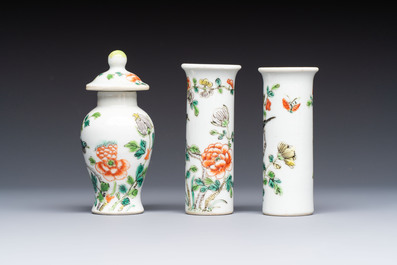 A Chinese Canton famille verte three-piece tea service and three vases, 19th C.