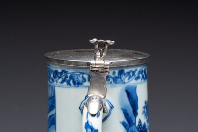 A fine Chinese blue and white tankard with Dutch silver cover, Transitional period