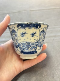 Eight Chinese blue and white cups and saucers, Kangxi mark, 19th C.