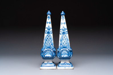 A pair of blue and white Delftware obelisks, probably France, 18th C.