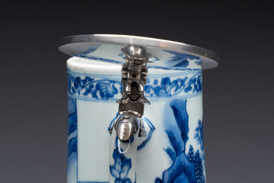 A fine Chinese blue and white tankard with Dutch silver cover, Transitional period