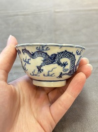 Ten Chinese blue and white cups and nine saucers, Kangxi mark, 19th C.