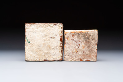 Two medieval slip-decorated tiles, Flanders, 15/16th C.