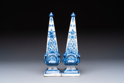 A pair of blue and white Delftware obelisks, probably France, 18th C.