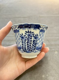 Eight Chinese blue and white cups and saucers, Kangxi mark, 19th C.