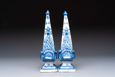 A pair of blue and white Delftware obelisks, probably France, 18th C.