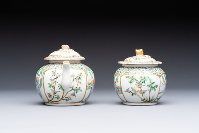 A Chinese Canton famille verte three-piece tea service and three vases, 19th C.