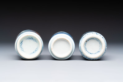 Three Chinese blue, white and copper-red snuff bottles, 19th C.