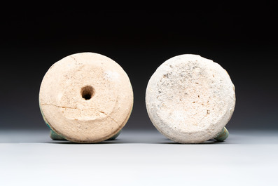 A small turquoise-glazed albarello and three oil lamps, Iran or Syria, 12/13th C.