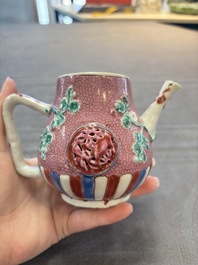 A Chinese famille rose frogspawn-ground relief-molded teapot and cover, Yongzheng