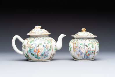 A Chinese Canton famille verte three-piece tea service and three vases, 19th C.