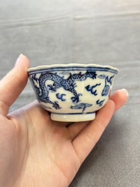 Ten Chinese blue and white cups and nine saucers, Kangxi mark, 19th C.