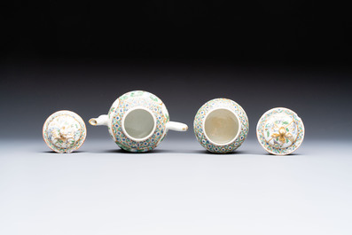 A Chinese Canton famille verte three-piece tea service and three vases, 19th C.