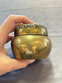 A Chinese mandarin duck-form water dropper, a hand warmer and a bronze censer, Zhen Wan 珍玩 and Zhang Mingqi Zhi 張鳴歧製 mark, 19th C.