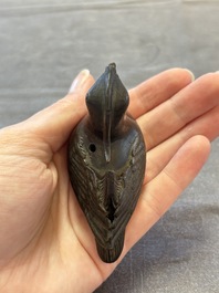 A Chinese mandarin duck-form water dropper, a hand warmer and a bronze censer, Zhen Wan 珍玩 and Zhang Mingqi Zhi 張鳴歧製 mark, 19th C.