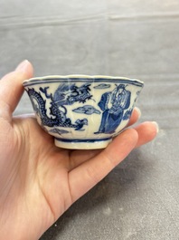 Ten Chinese blue and white cups and nine saucers, Kangxi mark, 19th C.