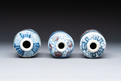 Three Chinese blue, white and copper-red snuff bottles, 19th C.