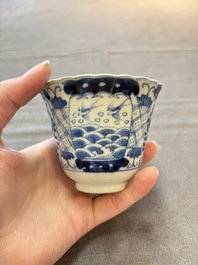 Eight Chinese blue and white cups and saucers, Kangxi mark, 19th C.