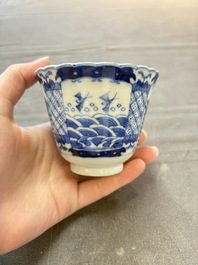 Eight Chinese blue and white cups and saucers, Kangxi mark, 19th C.