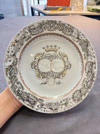 Two Chinese grisaille and famille rose gilt-decorated alliance monogram plates, Qianlong, one dated 1743